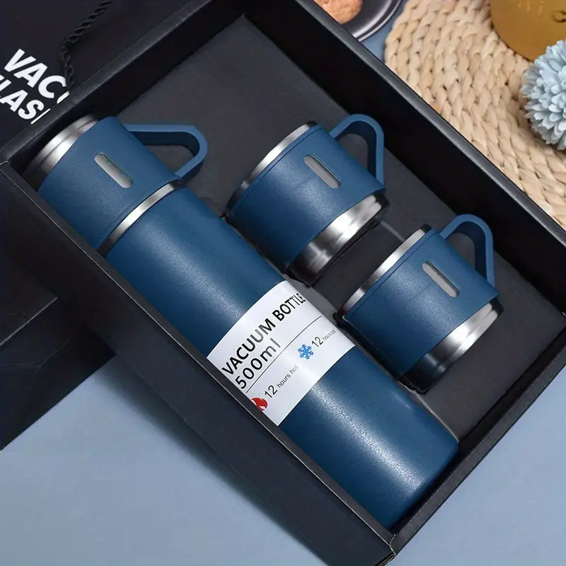 500ML STAINLESS STEEL VACUUM FLASK SET WITH 3 CUPS