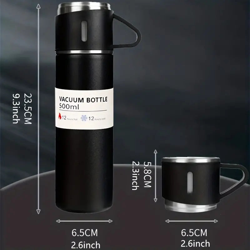 500ML STAINLESS STEEL VACUUM FLASK SET WITH 3 CUPS