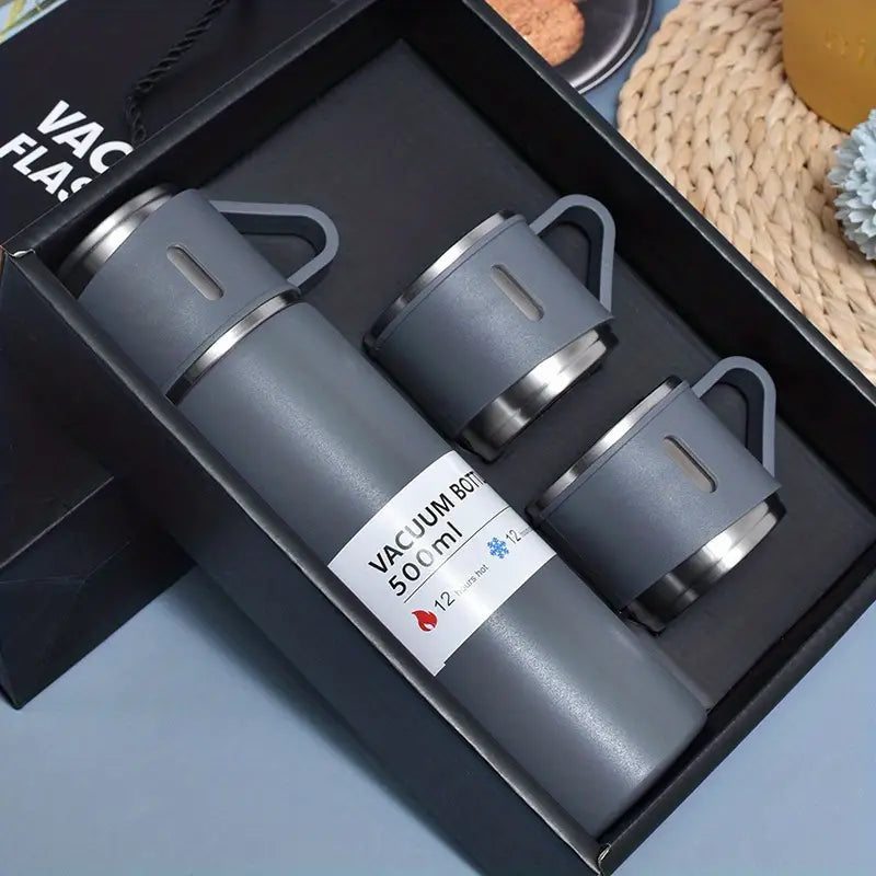 500ML STAINLESS STEEL VACUUM FLASK SET WITH 3 CUPS