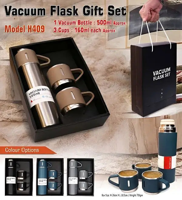 500ML STAINLESS STEEL VACUUM FLASK SET WITH 3 CUPS