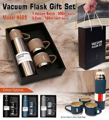 500ML STAINLESS STEEL VACUUM FLASK SET WITH 3 CUPS