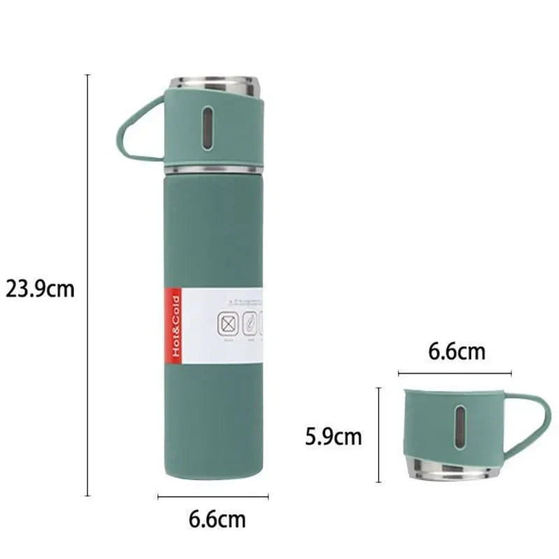 500ML STAINLESS STEEL VACUUM FLASK SET WITH 3 CUPS