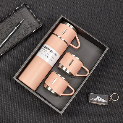 500ML STAINLESS STEEL VACUUM FLASK SET WITH 3 CUPS