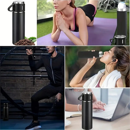 500ML STAINLESS STEEL VACUUM FLASK SET WITH 3 CUPS