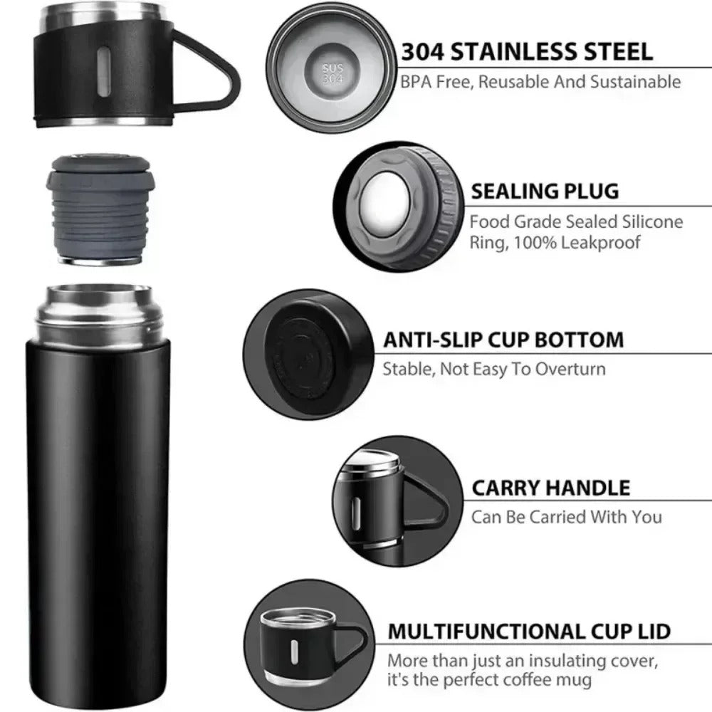 500ML STAINLESS STEEL VACUUM FLASK SET WITH 3 CUPS